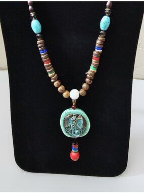 Handmade Boho Elephant Pendant Necklace Turquoise Wood Beaded Tribal Statement